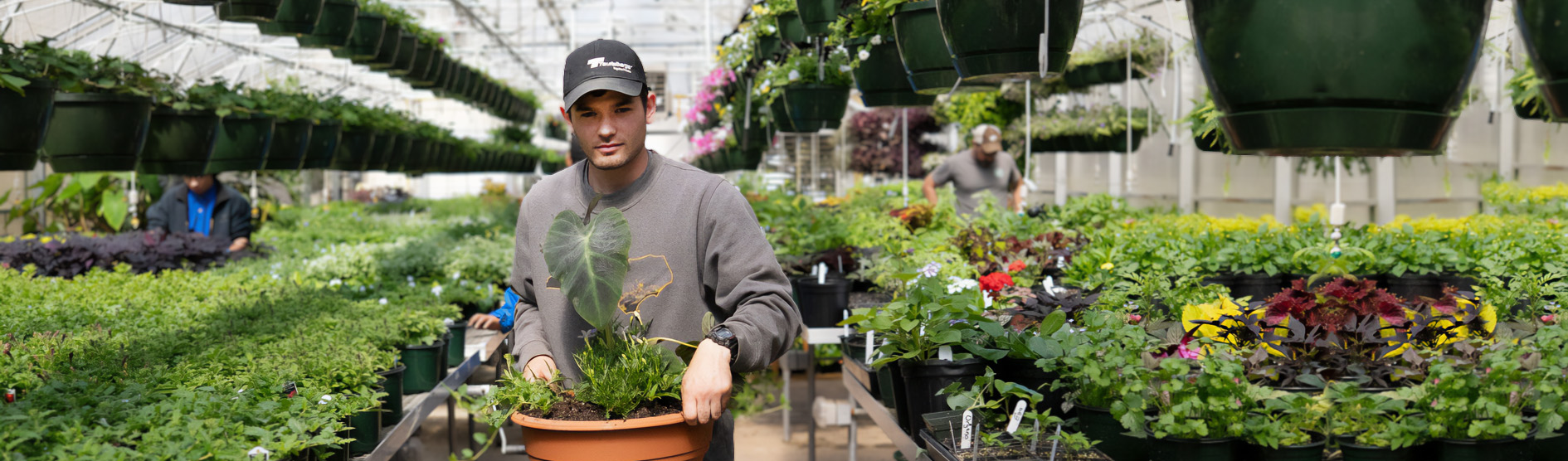 student in greenhouse